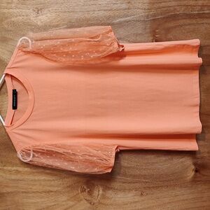 Cute Merokeety Jersey Knit Top Pastel Orange Sheer Polka Dot Puff Sleeves Size S